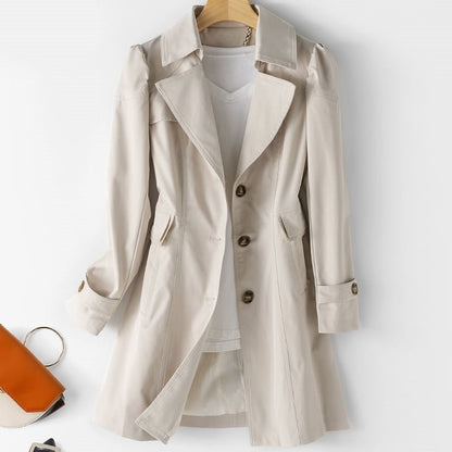 Women’s Beige Trench Coat – Single-Breasted with Sleeve Tabs and Belt