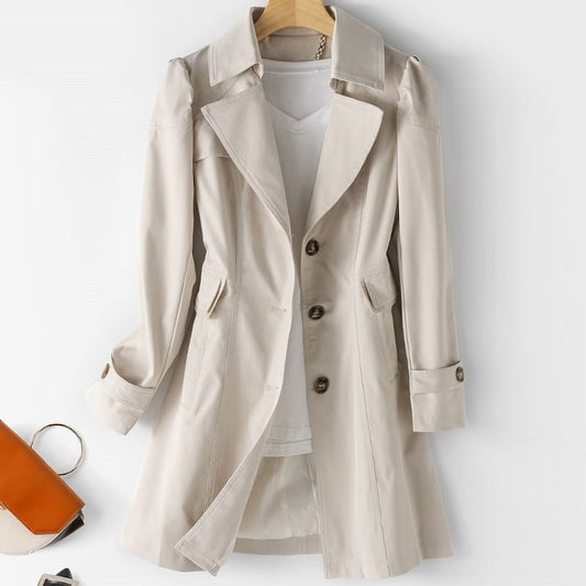 Women’s Beige Trench Coat – Single-Breasted with Sleeve Tabs and Belt