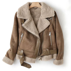 Women’s Sherpa-Lined Suede Biker Jacket – Warm Aviator Layer for Winter Wear