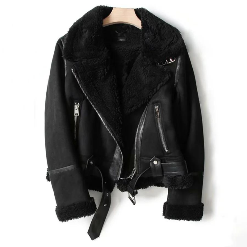 Women’s Sherpa-Lined Suede Biker Jacket – Warm Aviator Layer for Winter Wear