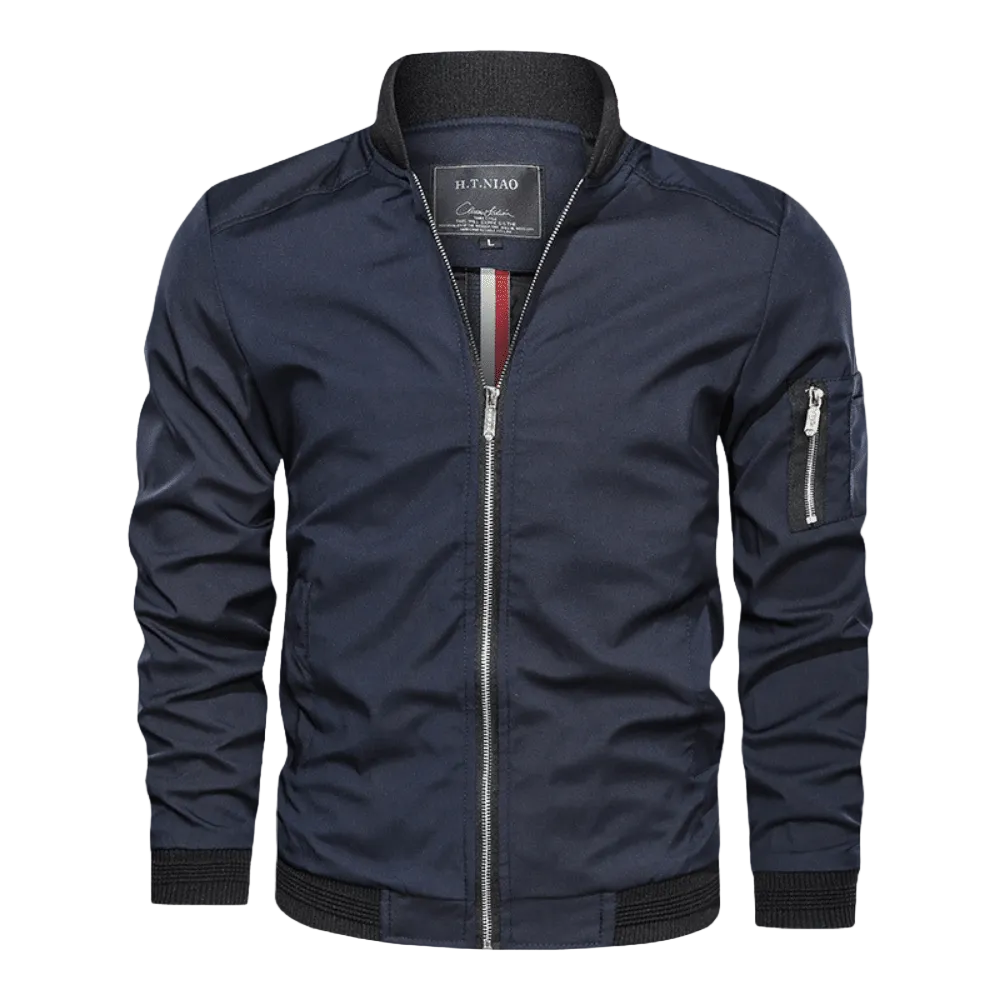 Men’s Lightweight Utility Bomber Jacket – Zip-Front Casual Layer with Sleeve Pocket and Ribbed Trims