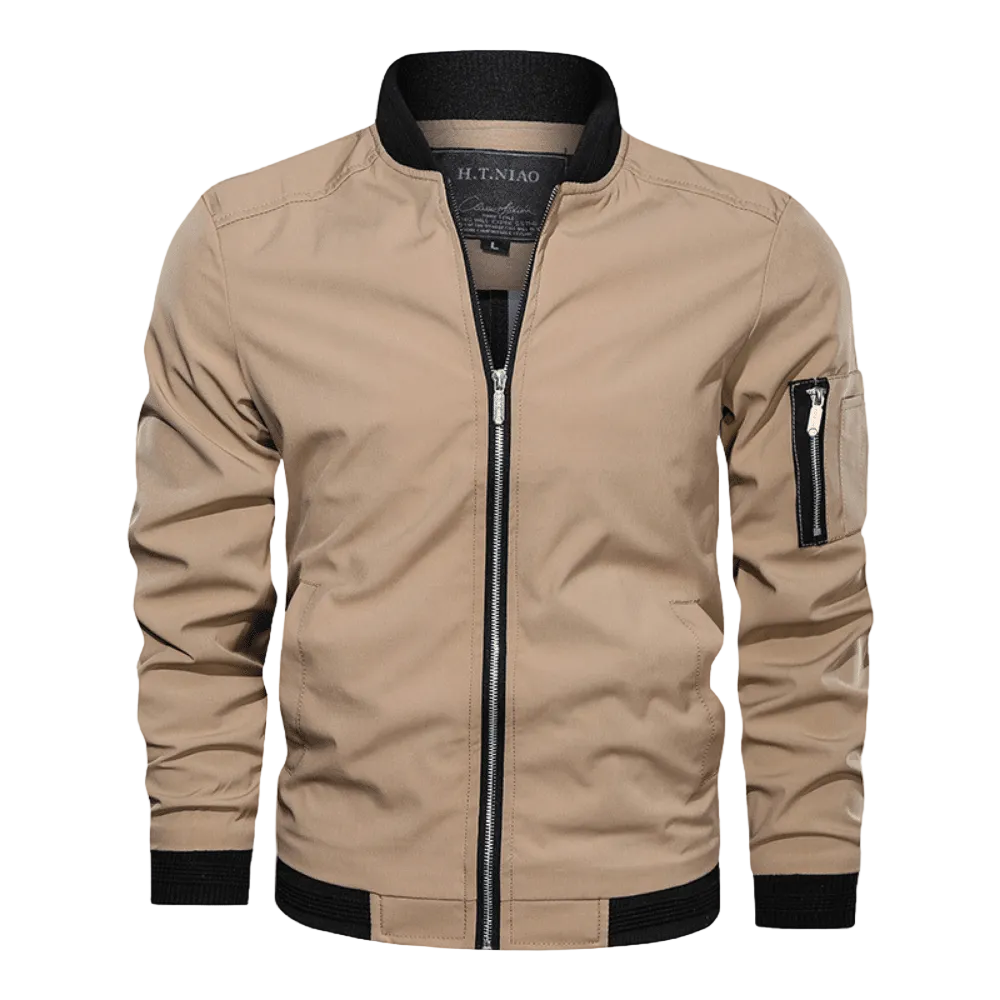 Men’s Lightweight Utility Bomber Jacket – Zip-Front Casual Layer with Sleeve Pocket and Ribbed Trims