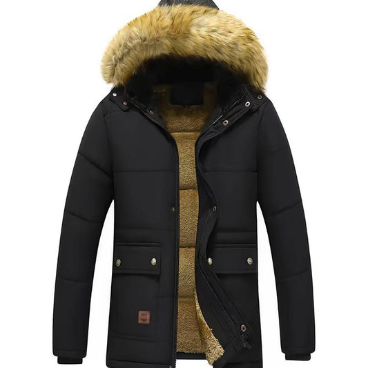 Men’s Fleece-Lined Fur-Trim Hooded Winter Parka – Weather-Resistant Longline Outerwear for Cold-Weather Wear