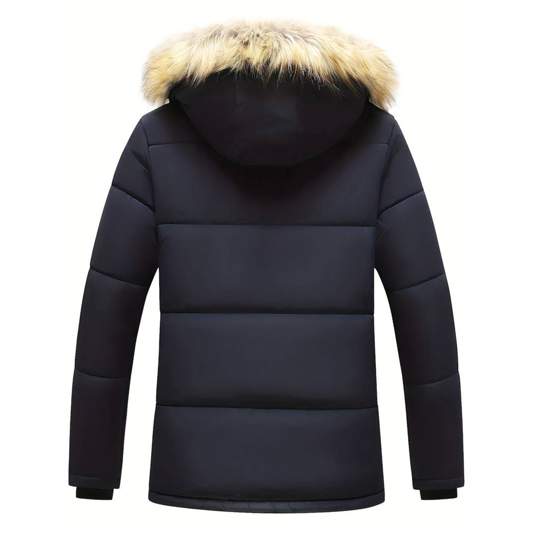 Men’s Fleece-Lined Fur-Trim Hooded Winter Parka – Weather-Resistant Longline Outerwear for Cold-Weather Wear