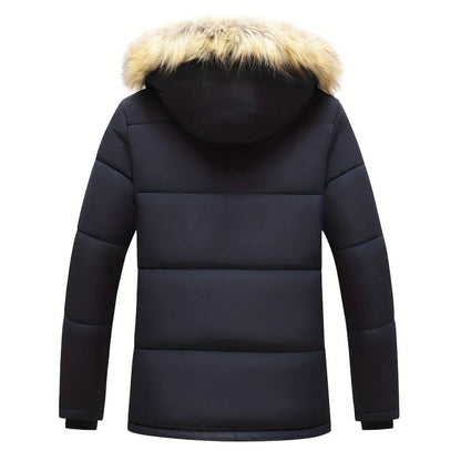 Men’s Fleece-Lined Fur-Trim Hooded Winter Parka – Weather-Resistant Longline Outerwear for Cold-Weather Wear