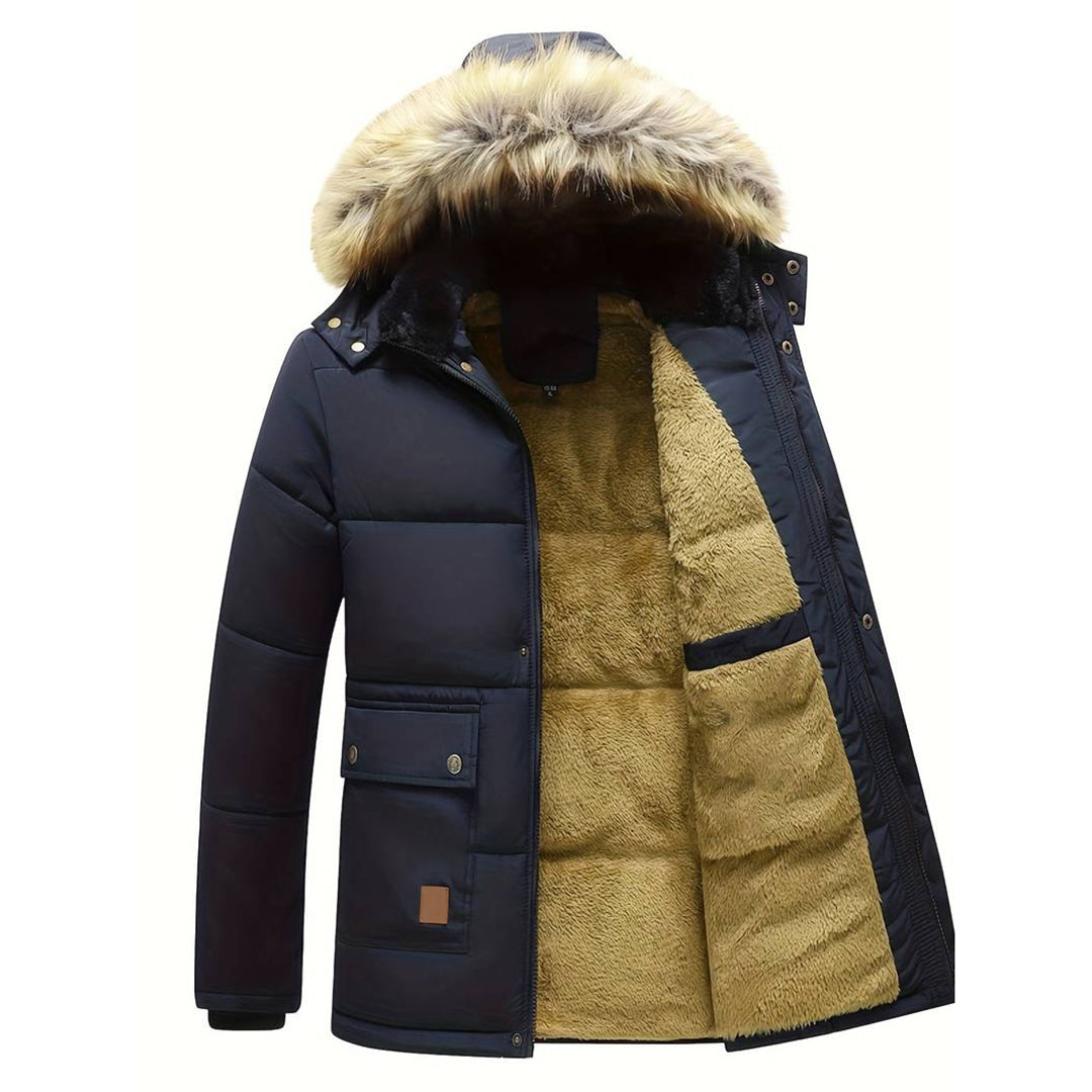 Men’s Fleece-Lined Fur-Trim Hooded Winter Parka – Weather-Resistant Longline Outerwear for Cold-Weather Wear