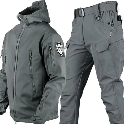 Men’s Windproof Tactical Outdoor Set – Hooded Utility Jacket and Cargo Trousers with Water-Resistant Finish