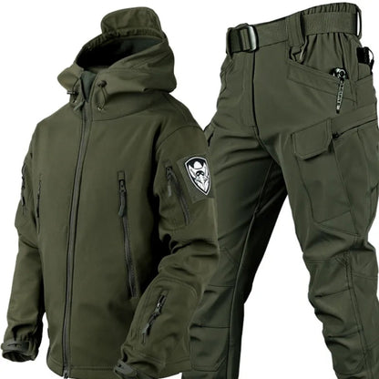 Men’s Windproof Tactical Outdoor Set – Hooded Utility Jacket and Cargo Trousers with Water-Resistant Finish