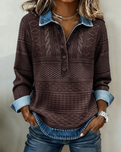 Women’s Collared Button-Front Knit Top – Textured Relaxed Layer for Autumn and Winter