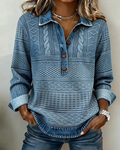 Women’s Collared Button-Front Knit Top – Textured Relaxed Layer for Autumn and Winter