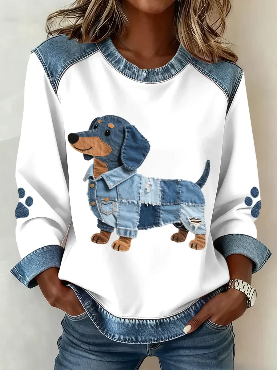 Women’s Printed Crew Neck Top – Relaxed Contrast-Trim Layer for Autumn and Winter