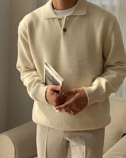 Men’s Button-Placket Polo Sweater – Soft Knit Layer for Smart Casual Autumn Wear