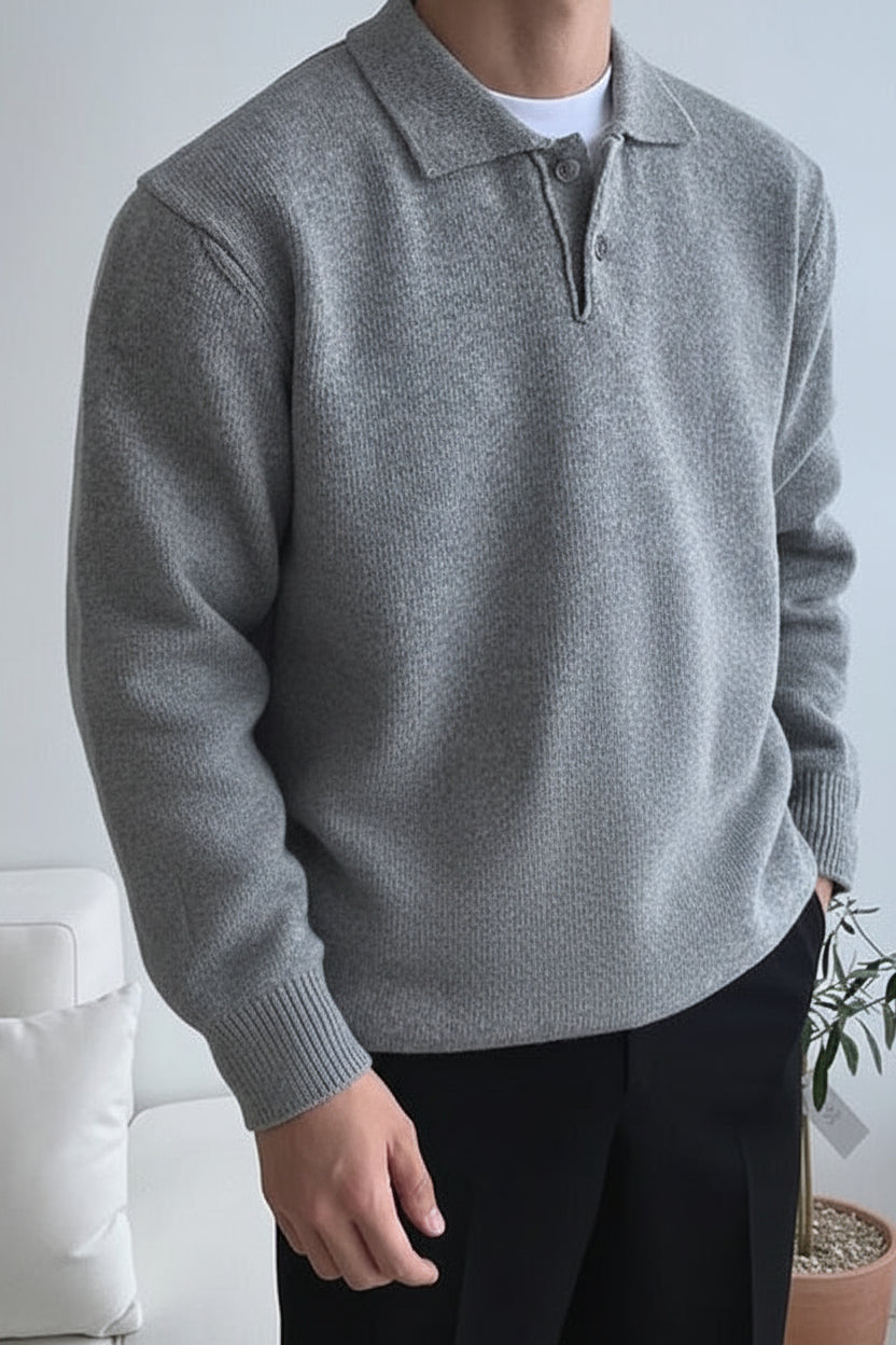 Men’s Button-Placket Polo Sweater – Soft Knit Layer for Smart Casual Autumn Wear