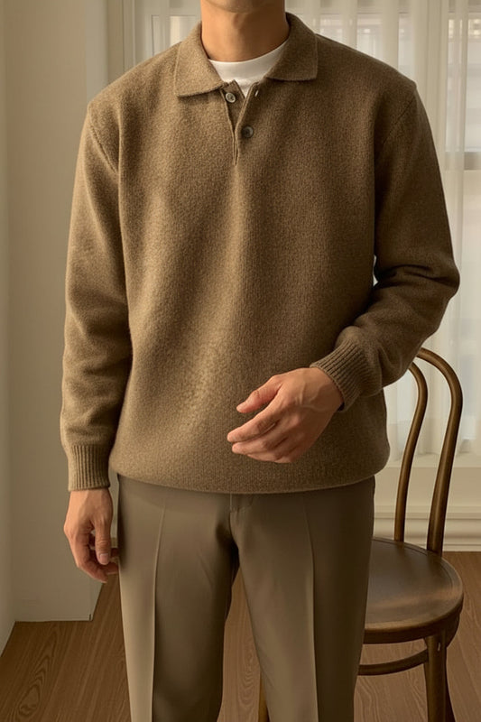 Men’s Button-Placket Polo Sweater – Soft Knit Layer for Smart Casual Autumn Wear