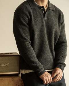 Men’s Ribbed Polo-Neck Sweater – Buttoned Knit for Autumn and Winter