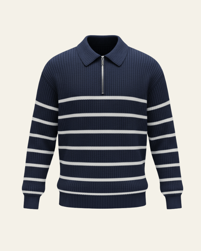 Men’s Polo-Collar Sweater – Ribbed Half-Zip Knit for Refined Everyday Wear