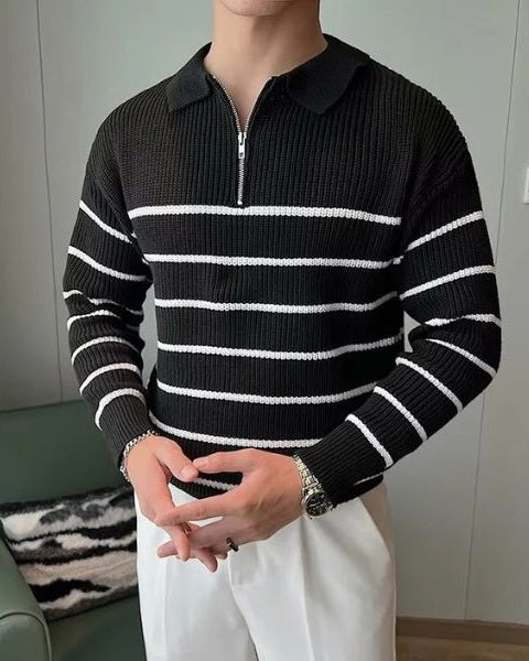 Men’s Polo-Collar Sweater – Ribbed Half-Zip Knit for Refined Everyday Wear