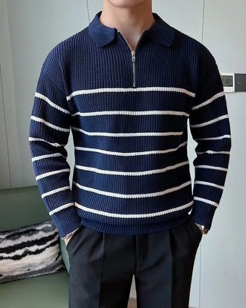 Men’s Polo-Collar Sweater – Ribbed Half-Zip Knit for Refined Everyday Wear