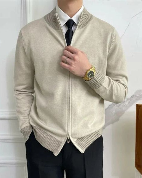 Men’s Full-Zip Knit Cardigan – Stand-Collar Layer for Office and Winter Wear