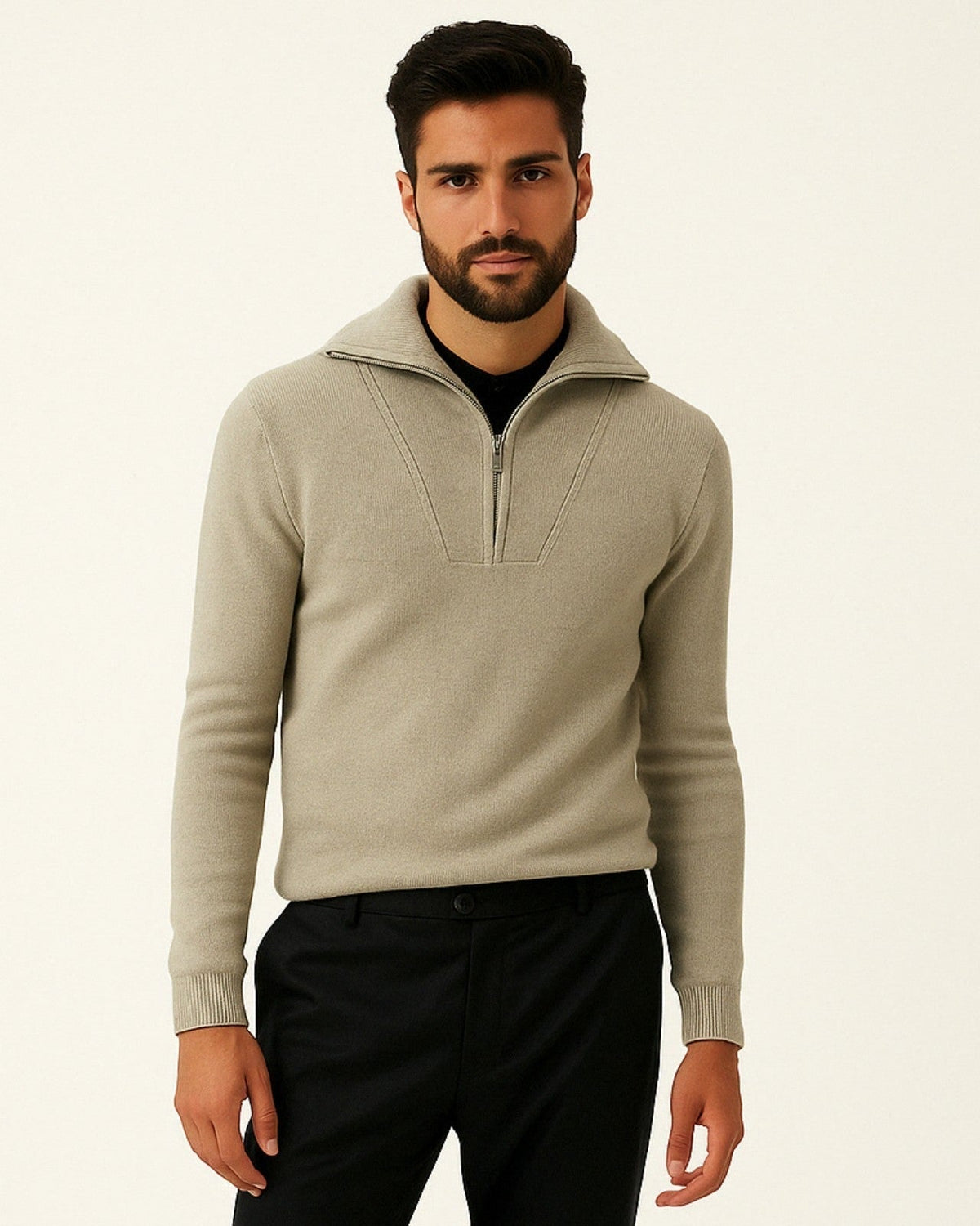 Men’s Ribbed Stand-Collar Sweater – Half-Zip Knit for Autumn and Winter