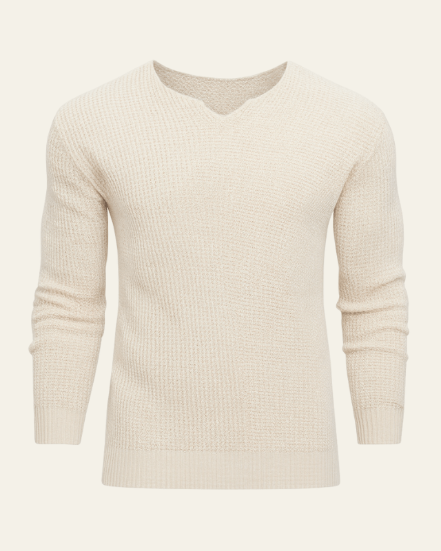 Men’s Waffle-Knit V-Neck Sweater – Textured Everyday Layer for Autumn and Winter