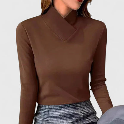 Women’s Fitted High-Neck Top – Asymmetric Long Sleeve Style for Office and Evening Wear