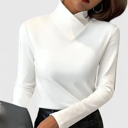 Women’s Fitted High-Neck Top – Asymmetric Long Sleeve Style for Office and Evening Wear