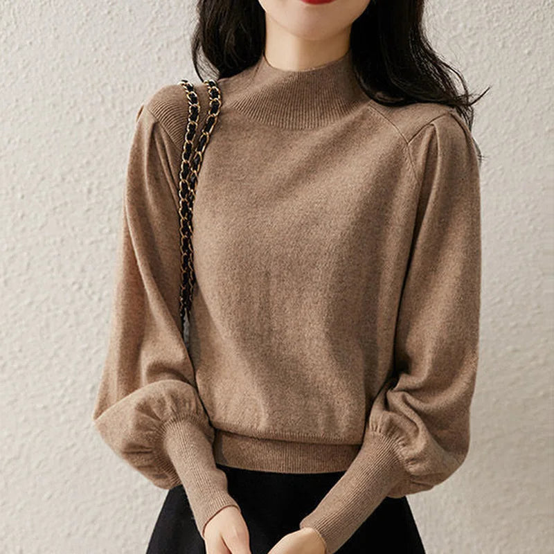 Women’s Mock Neck Knitted Top – Long Sleeve Layer for Autumn and Winter