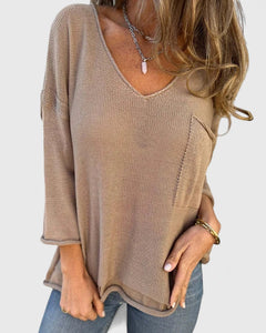 Women’s Relaxed V-Neck Knitted Top – Lightweight Long Sleeve Layer for Spring and Autumn