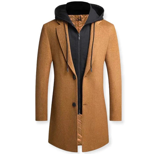 Men’s Layered Hooded Overcoat – Tailored Button-Front Longline Coat with Zip-Up Insert for Autumn Smart Casual Wear