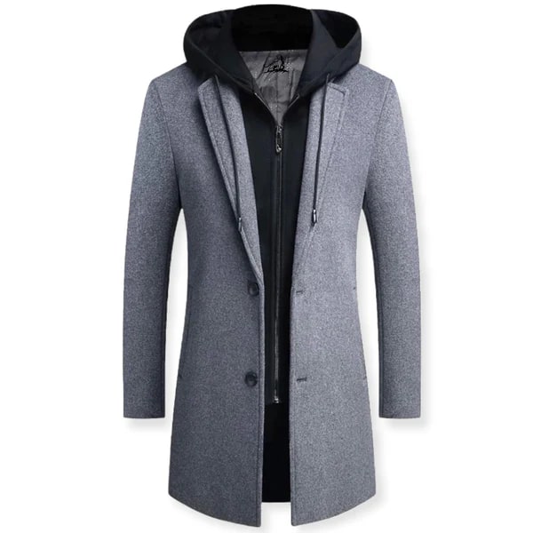 Men’s Layered Hooded Overcoat – Tailored Button-Front Longline Coat with Zip-Up Insert for Autumn Smart Casual Wear