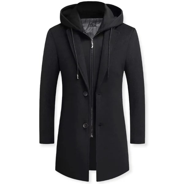 Men’s Layered Hooded Overcoat – Tailored Button-Front Longline Coat with Zip-Up Insert for Autumn Smart Casual Wear