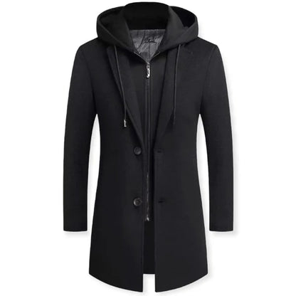 Men’s Layered Hooded Overcoat – Tailored Button-Front Longline Coat with Zip-Up Insert for Autumn Smart Casual Wear