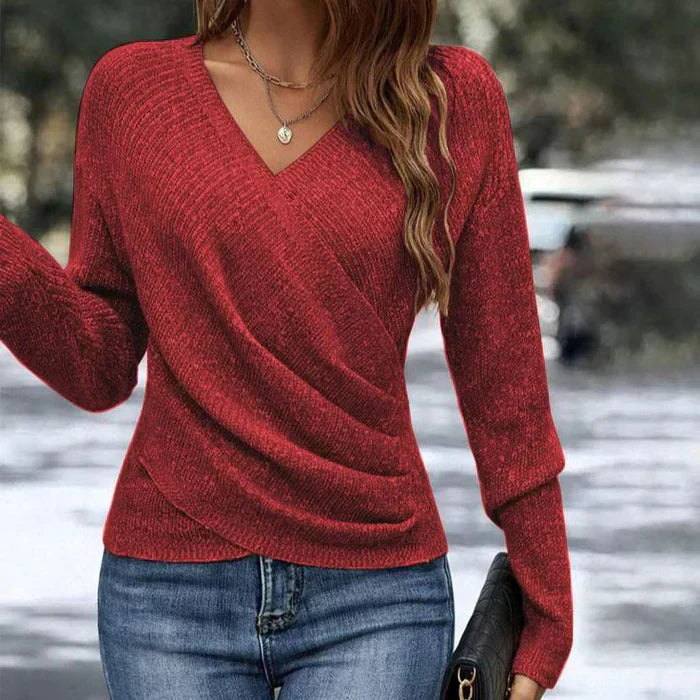 Women’s Draped V-Neck Knit Top – Relaxed Long-Sleeve Spring Style for Everyday and Smart Casual Wear