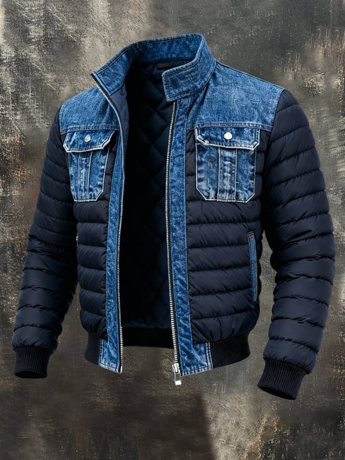 Men’s Denim-Panel Puffer Jacket – Insulated Bomber-Style Winter Layer with Utility Pockets