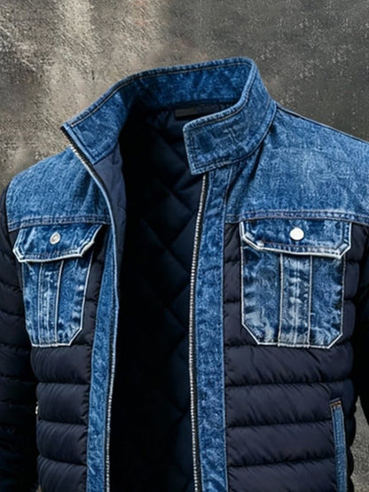 Men’s Denim-Panel Puffer Jacket – Insulated Bomber-Style Winter Layer with Utility Pockets