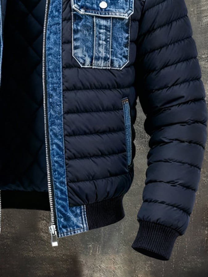 Men’s Denim-Panel Puffer Jacket – Insulated Bomber-Style Winter Layer with Utility Pockets