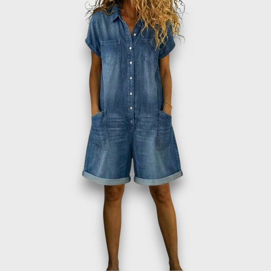 Women’s Cotton Denim-Look Playsuit – Relaxed Button-Front Style with Utility Pockets for Summer Travel