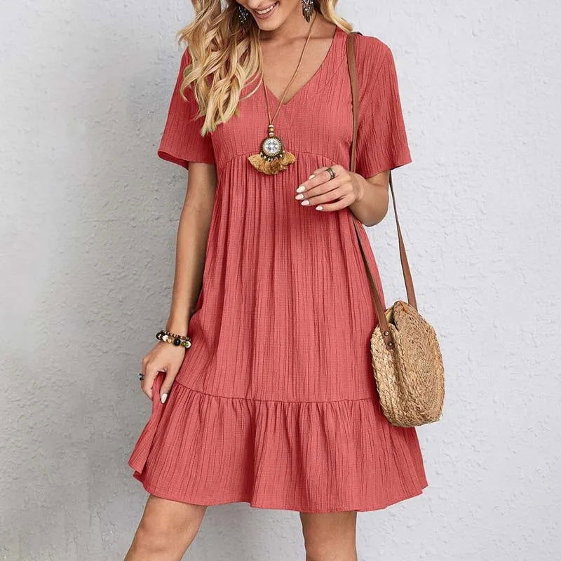 Women’s V-Neck Tiered Short Dress – Relaxed Empire-Waist Summer Style