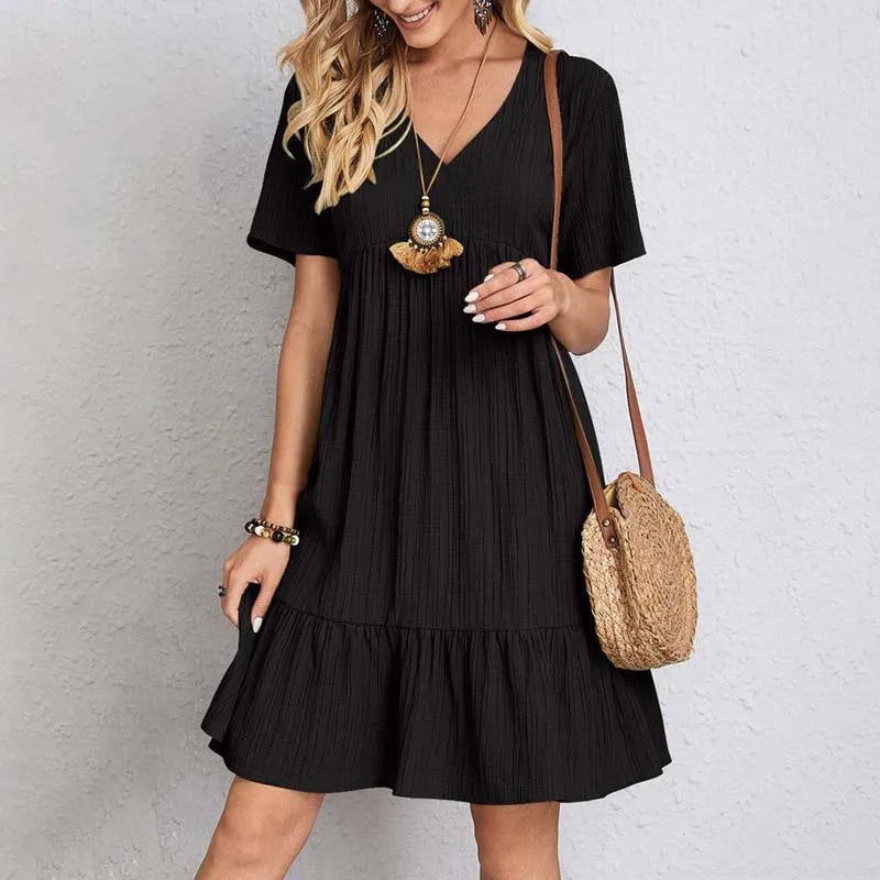 Women’s V-Neck Tiered Short Dress – Relaxed Empire-Waist Summer Style