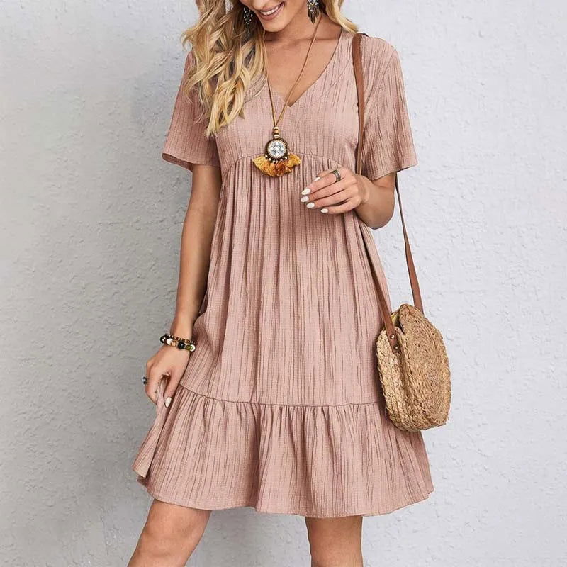 Women’s V-Neck Tiered Short Dress – Relaxed Empire-Waist Summer Style