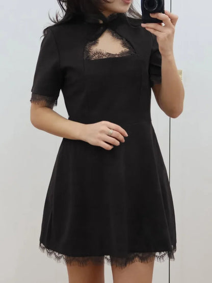 Women’s Lace-Trim Cut-Out Mini Dress – Fitted Evening Style for Parties and Events