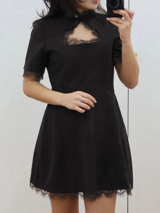 Women’s Lace-Trim Cut-Out Mini Dress – Fitted Evening Style for Parties and Events