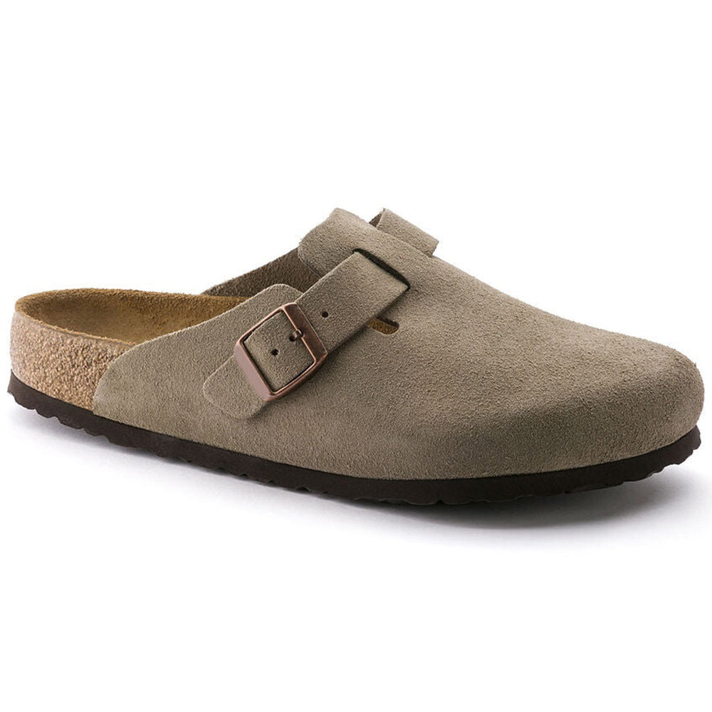 Men’s Adjustable Suede Clogs – Closed-Toe Slip-On Design with Contoured Footbed and Buckle Strap