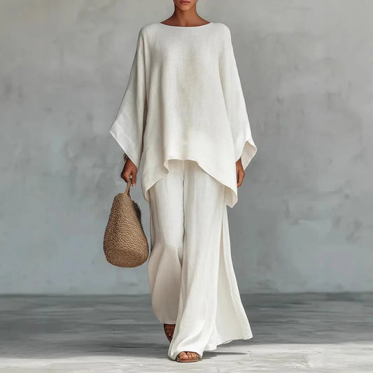 Women’s Oversized Summer Co-Ord – Asymmetric Poncho Top and Flowing Wide-Leg Trousers for Travel
