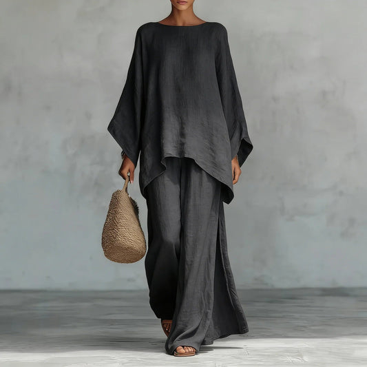 Women’s Oversized Summer Co-Ord – Asymmetric Poncho Top and Flowing Wide-Leg Trousers for Travel