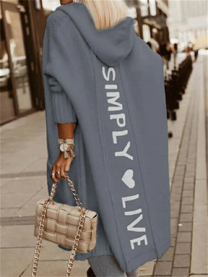 Women’s Hooded Longline Knit Cardigan – Oversized Open-Front Layer with Relaxed Three-Quarter Sleeves for Winter Styling