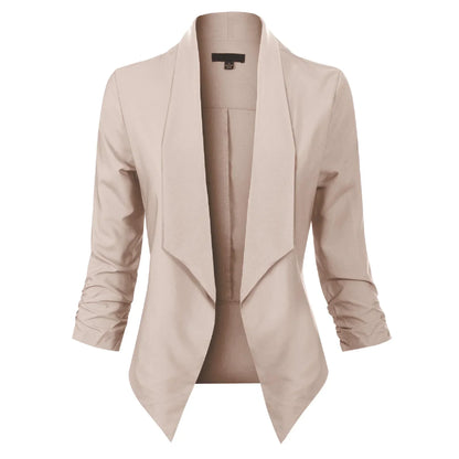 Women’s Open-Front Blazer – Ruched-Sleeve Smart Layer for Office and Occasion Wear