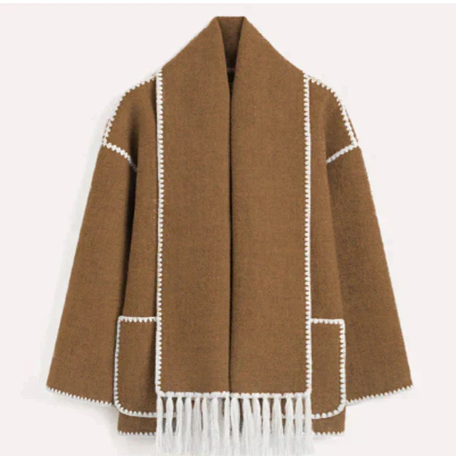 Women’s Oversized Scarf-Detail Winter Jacket – Contrast-Stitch Button Layer for Cold-Weather Styling