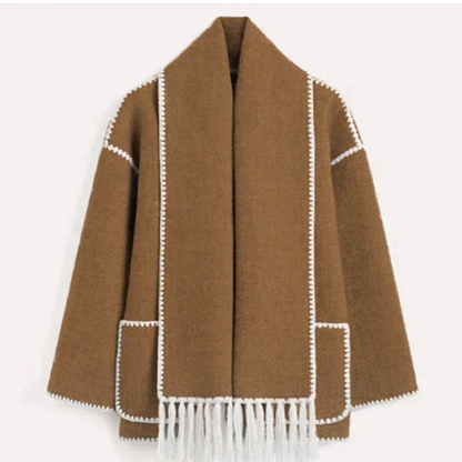 Women’s Oversized Scarf-Detail Winter Jacket – Contrast-Stitch Button Layer for Cold-Weather Styling